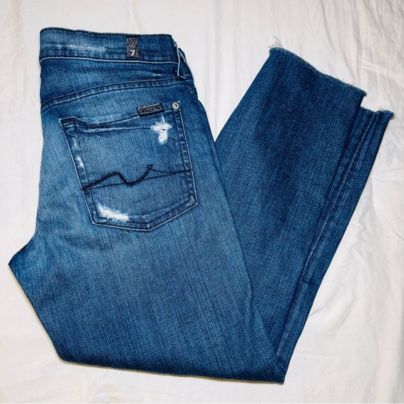 7 For All Mankind Roxanne Cropped Raw Hem Low Rise Jeans Distressed - Picture 3 of 10